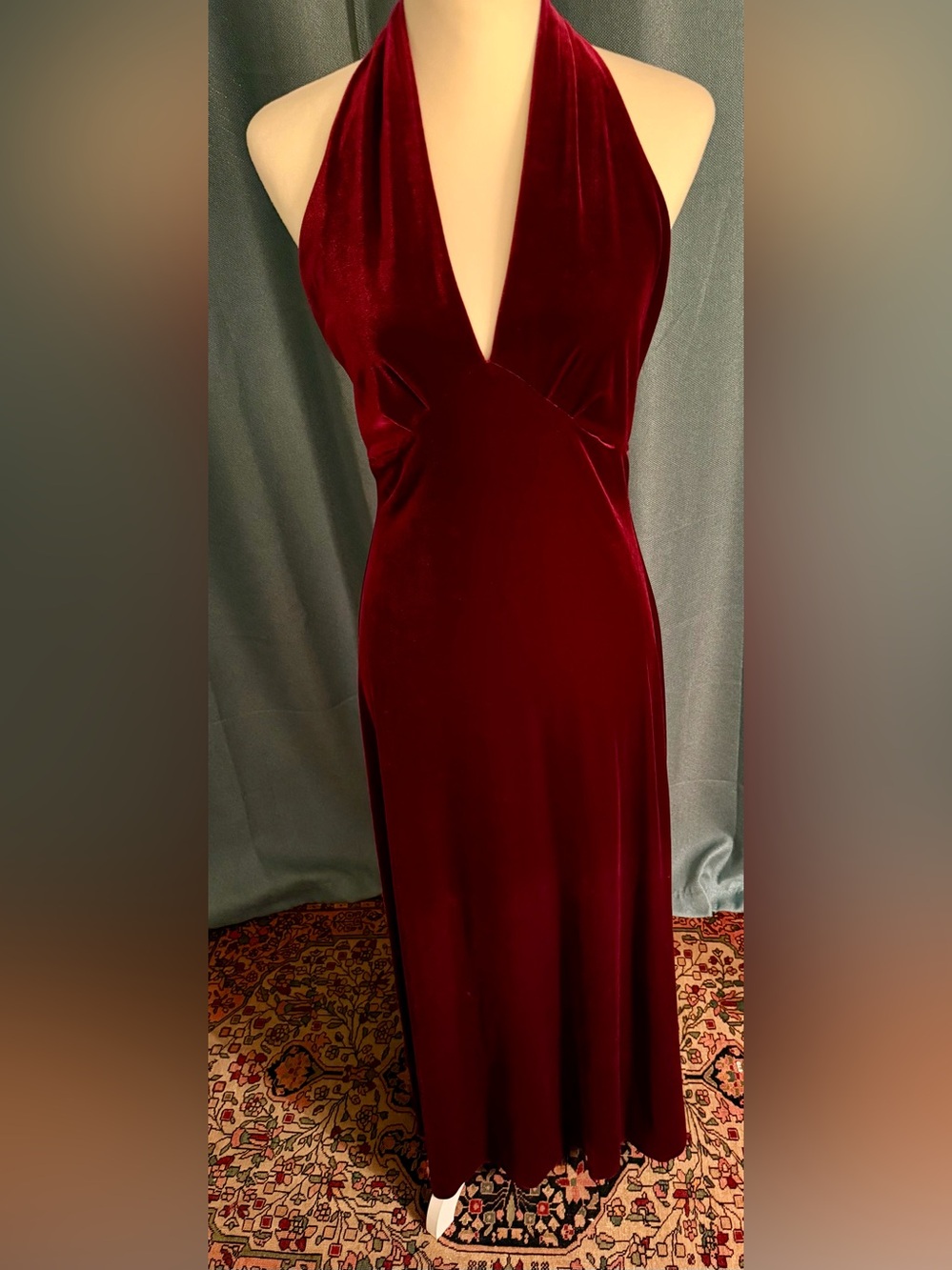Vintage Velvet Halter Evening Gown in Deep Wine